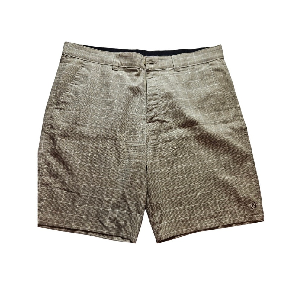 Hang Ten Mens Tan Windowpane Plaid Flat Front Stretch Shorts Size 38